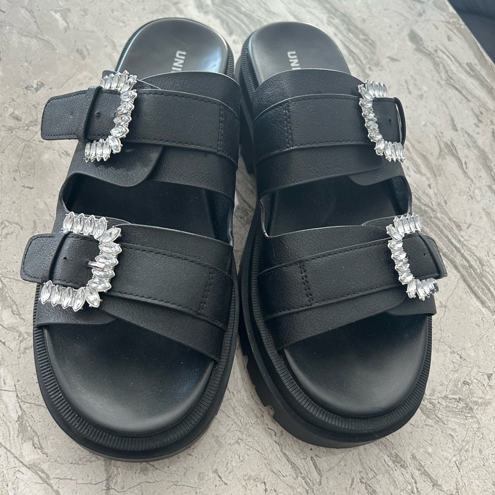 Umi Black Crystal Buckle Sandals